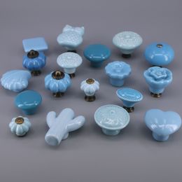 1x Blue Mediterranean Style Ceramic Kids Drawer Knobs Cute Cactus Owl Flower Shape Door Knobs Kitchen Cabinet Pulls Drawer Knobs