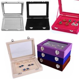 Velvet Glass Ring Earring Jewelry Display Organizer Box Tray Holder Storage Case214C