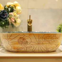 Square above counter basin ceramic bathroom vanity washbasin art Fangyuan carving lotus LO621444