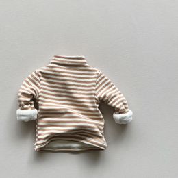 Warm Fleece Turtleneck Striped 2023 Autumn Winter Children T Shirts Boy Girl Long Sleeve Tees Kids Wear Toddler Clothes For 1-8Y