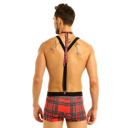 Sexy Waiter Roleplay Costumes Mens Plaid Boxer Briefs Lingerie Set Male Gay Nightclub Rave Outfit Erotic Maid Cosplay Uniforms