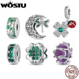 Pendanthalsband Wostu 925 Sterling Silver Green Lucky Clover Charms Dragonfly Pendant Purple Flower Bead Fit Original Charm Necklace Diy Gift 240410