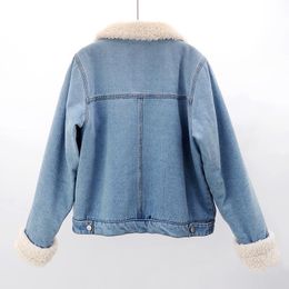 Women S-XL Denim Turn-Down Collar Jacket Winter Warm Polar Fleece Fabric Single Breasted of Short Jean Casual Tops Outerwear