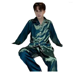 Home Clothing Solid Color Loungewear Men's Summer Pajama Set With Long Sleeve Shirt Wide Leg Pants Sleepwear Elastic Waist