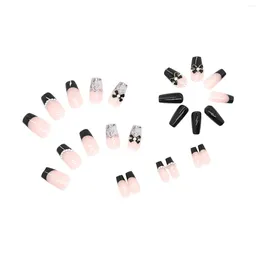 False Nails Elegant Pink Black Pearl Decor Manicure And Nude Resin Coffin Press-on For Fingernail DIY Decoration
