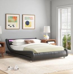 Upholstered Low Profile Platform Bed LED Faux Leather Headboard Curved Bed Frame Modern Queen Size