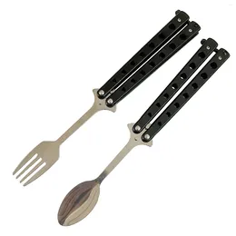Dinnerware Sets 2pcs Kitchen Gift Practice Butterfly Fork Spoon Set Portable BBQ Camping Flatware Black For Travel Hunting Stainless Steel