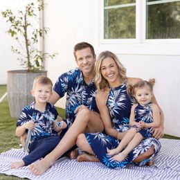 PatPat Family Matching Leaf Print Beach Shirt and High Neck Halter ALine Maxi Dress Sets 240327