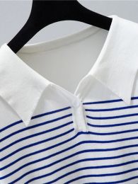 Knitted Striped T Shirt Women Short Sleeve T-Shirts Turn-Down Collar Tee Shirt Femme Korean Style Clothes New Summer Tops Tshirt