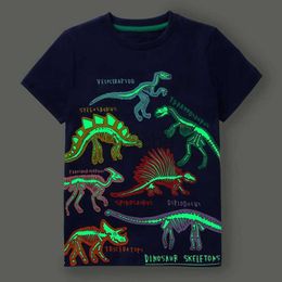 T-shirts Little maven 2024 New Fashion Boys T-shirt Summer Luminous Dinosaur Animal Cotton Causal Clothes Lovely Tops for Kids 2-7 year 240410