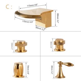 JIENI Golden Plated Bathtub Mixer Tap Faucet Waterfall Spout Deck Mount Solid Brass Bathroom Sink Wash Basin 2 Handles Faucet