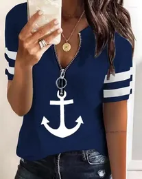 Women's T Shirts 2024 Spring/summer Casual Selling Round Neck Anchor Printed Zipper Front Short Sleeve T-Shirt