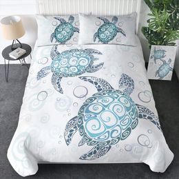 Sea Turtle Bedding Ocean Duvet Cover Set Teal Mediterranean Style Marine Themed Ocean Polyester Bedding Set Queen King Twin Size