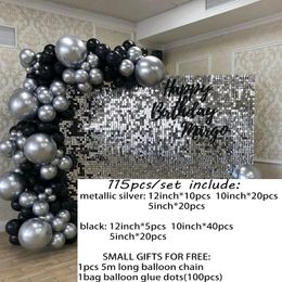 115pcs Silver Ink Blue Black Balloons Garland Arch Chrome Metal Globos Retro Wedding Birthday Party New Year Home Decoration