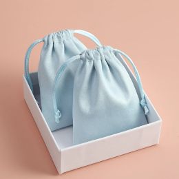 50pcs 7x9cm Light Blue Flannel Drawstring Packing Jewelry Packaging Display Luxury Velvet Suede Pouches Wedding Favors Gift Bags