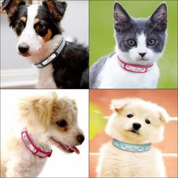 Custom Leather Dog Cat Collar Personalized Rhinestone Puppy Collar Engraved Pet Collars for Small Medium Dogs Pitbull Yorkie
