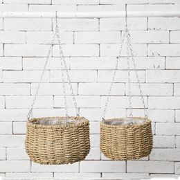 Handmade Grass Woven Hanging Planter Basket Plant Flower Pot with Metal Chain Flowerpot for Home Garden Outdoor Indoor Decor