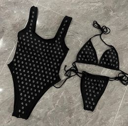 Paris Designer Women's One-piece Swimsuit Rhinestones-encrusted High-end Monokini Luxury Bikini Set Fashion Brand Bathing Suits Black Swimwear Sexy Bodysuits S-XL