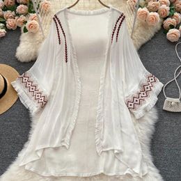Boho Beach Cover-Ups For Women Tops Robe Cotton Rayon Vintage Ethnic Embroidery Summer Blouses Casual Cardigan Vestidos