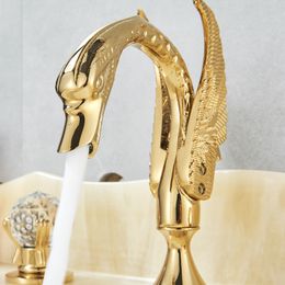 Rozin Gold Swan Basin Faucet Luxury Deck Mounted Dual Crystal Handle Bathroom Mixer Tap Cold and Hot Water Mixer Faucet