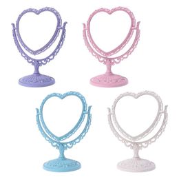 2Sides Heart-shaped Makeup Mirror Rotatable Stand Table Compact Mirror Dresser