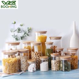 WBBOOMING High Quality Glass Transparent Container Glass Jars With Bamboo Lids Candy Tea Coffee Sugar Storage Jars Kitchen Boxes