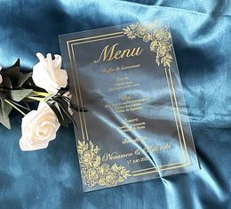 Prined Gold Rose Flower Wedding Menu,Custom 10pcs Acrylic Invitation,Acrylic Invitation,Resurant Menu,Acrylic Party Dinner Menu