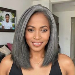 Bob Wig Human Hair 13x4 Frontal Lace Wig 150 Density Glueless Pre Plucked with Baby Hairs Straight Bob Wigs for Black Women Grey Colour 12 inch