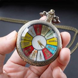 Pocket Watches Bronze Colourful Wheel Rome Pocket Pendant Necklace Vintage Steampunk mens Quartz Chain es Y240410