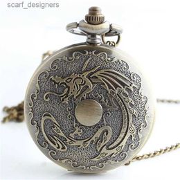 Pocket Watches Fashion Chinese Dragon Design Bronze Quartz Pocket Retro Men Women Pendant Gift CF1040 Y240410