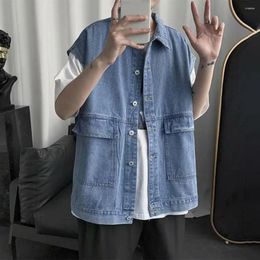 Men's Vests Men Solid Colour Denim Waistcoat Vest Coat Sleeveless With Large Pockets Ripped Holes For Casual