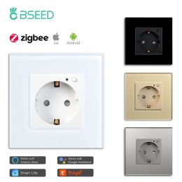 Bseed EU Type Zigbee Smart Socket Double Smart Wall Plug Crystal Glass Panel Work With Tuya Google Home Alexa Smart Life