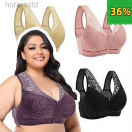 Bras New Sexy Lace Womens Underwear Plus Size Full Cup Front Zipper Wide Strap Non Steel Ring Lingerie Soft Cotton Comfort Bra 240410