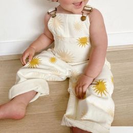 Overalls Fashion Summer Children Kids Girls Jumpsuits 15Years Sun Flower Print Sleeveless Button Pocket Suspender Pants Clothes 2403 Dhoy8