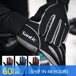 Santic Men Winter Cycling Gloves Bike MTB Warm Thermal Fleece Cold-proof Bike Full Finger Gloves Windproof Asian Size K9M9134