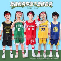 Soccer Jerseys Children's Fake Two-piece Short Sleeve Quick Drying Basketball Suit for Boys Girls Children Primary School Students Performance Training Clothes