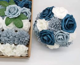 Mefier Artificial Flowers Rose Combo Delicate Elegant Dusty Blue Fake Foam Flowers w/Stem for Wedding Party Home Decorations