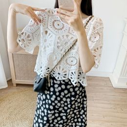 Knitted Shrug Women Bohemian Style Midi Sleeve Lace Top Short Knitting Outwear Hollow Out Sweater Geometric Tops