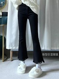 Women's Jeans 2024 Black Fashion Cropped Pants For Women Autumn Slim Fit Tassel Frayed Flared Ladies Casual