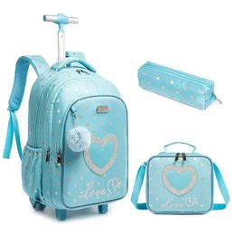 Childrens Wheeled Backpack Bag Set with Lunch Box School Rolling Wheels Trolley for Girls 240328