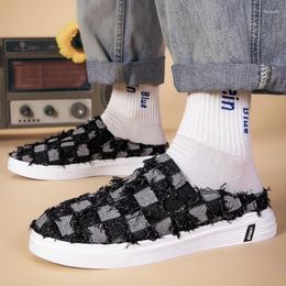 Casual Shoes 2024 Spring Large Flat Bottom Canvas Plaid Low Top Men's Round Toe High Quality Breathable Board