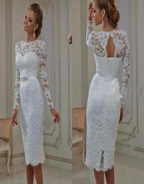 Vintage Informal Casual Wedding Dresses Tea Length Lace Long Sleeves Short vestido de noiva Sheath High Jewel Neck Bridal Gowns8852690