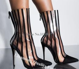 Gold Black Stripes PVC Short Boots Linamong Newest Transaprent Pointed Toe Patchwork Transparent Stiletto Heel Gladiator Boots