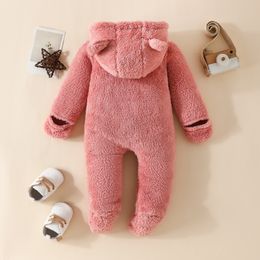 Infant Baby Winter Fuzzy Jumpsuit Bear Ear Snowsuit Newborn Hooded Romper Warm Coat Long Sleeve Footed Zipper Romper 0-18M