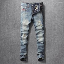 Men's Jeans Fashion Designer Men Retro Grey Blue Elastic Slim Fit Ripped Embroidery Vintage Casual Cotton Denim Pants Hombre