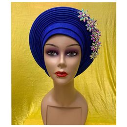 New Blue African Headtie Diamonds Women Turban Cap Muslim Headscarf Already Made to Hijab Turban for Wedding Gele XM420-2