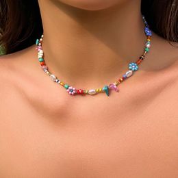 Choker Salircon Boho Multicolor Handwoven Seed Beads Beaded Flower Trend Y2K Imitation Pearl Collar Necklace Women Party Jewelry