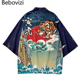 Tiger Print Cosplay Red Shirt Traditional Haori Kimono Women Men Harajuku Japanese Beach Yukata Streetwear Cardigan Clothing