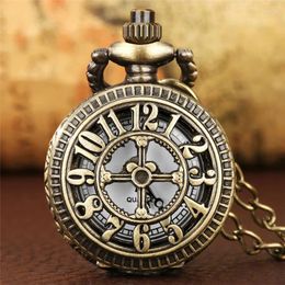 Pocket Watches Bronze Mini Size Hollow Arabic Number Cover Unisex Quartz Analog Watch Necklace Long Chain Collectable Timepiece Gift