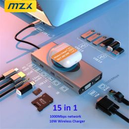 Hubs MZX 15 14 13 In 1 USB HUB Type C 3 0 Docking Station Splitter Extensor 3.0 2.0 Adapter 10W Wireless Charger Tipo Dock for Laptop